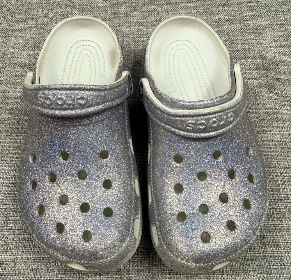 Crocs Classic Glitter Clogs Silver M6 W8 Iridescent Sparkle 205942